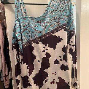 Women’s Turquoise and Brown Printed Long-Sleeve Top